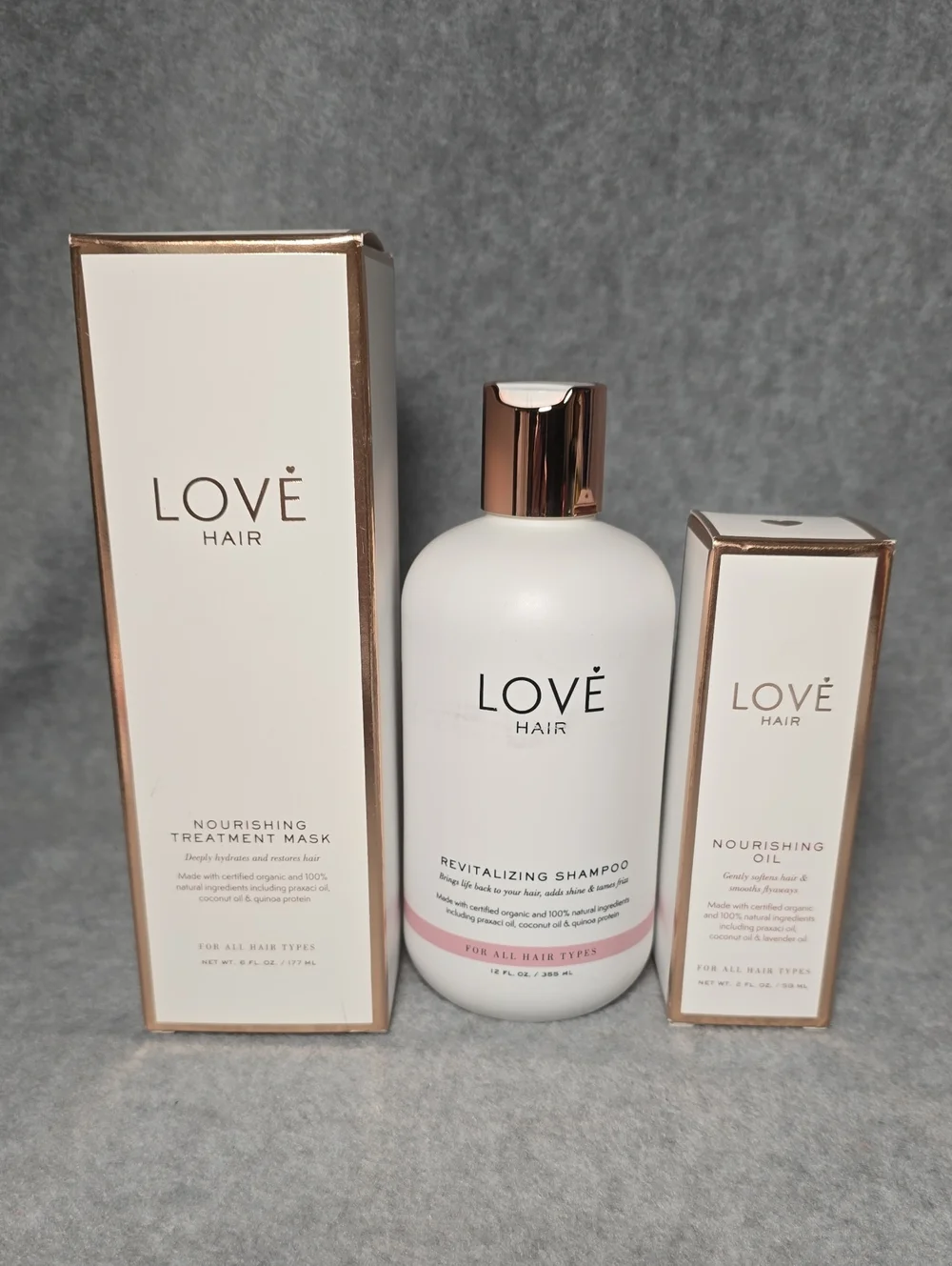 Love Hair Revitalizing Shampoo, Nourishing Treatment Mask and Nourishing Oil
